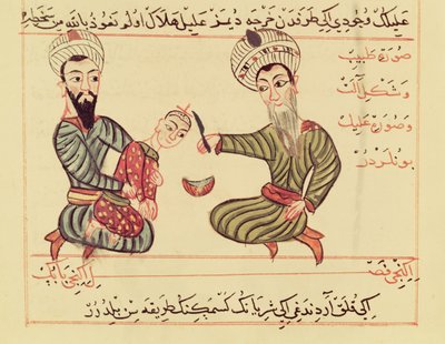 Ms Sup Turc 693 fol.53 Drenando líquido acumulado de la cabeza de un niño, 1466 de Charaf ed Din